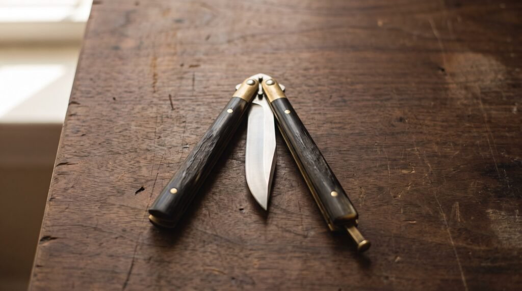 Overhead view of a butterfly knife with both handles swung away from the blade and the latch clearly visible