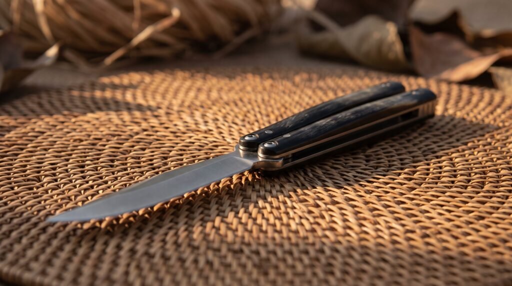 Single balisong butterfly knife with dark horn handles lying on a woven rattan mat in warm afternoon light
