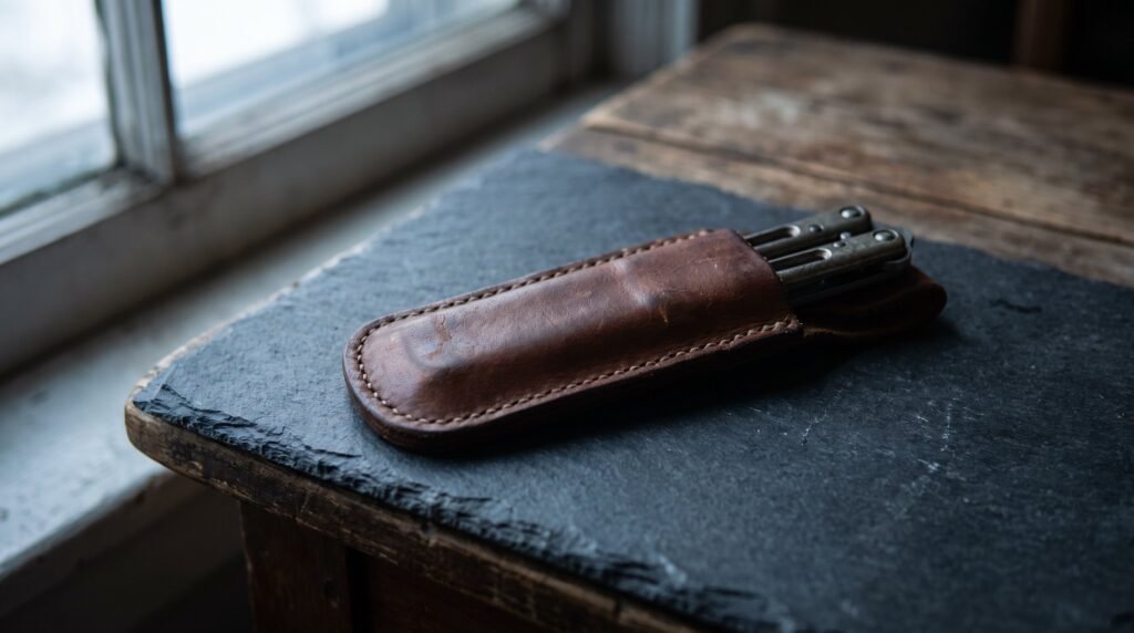A closed balisong butterfly knife seated in a fitted brown leather sheath on a dark slate slab by a window