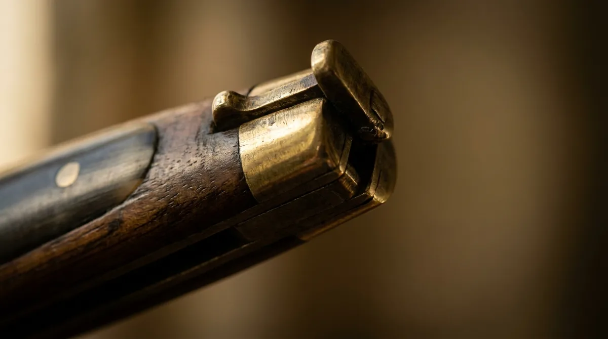 Macro of the latch and polished brass bolster at the end of a butterfly knife handle
