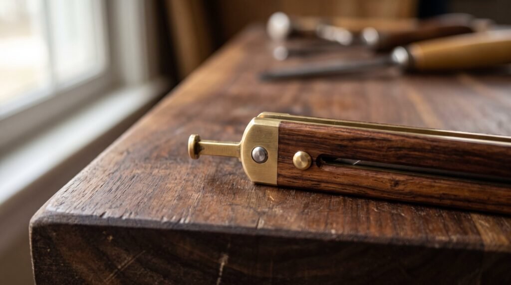 Macro of the brass latch and pivot pin on a closed butterfly knife against the grain of a rosewood handle