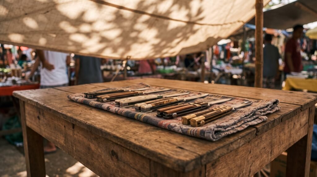 Closed balisong butterfly knives laid out on a folded cloth across a wooden market stall table in a Philippine town