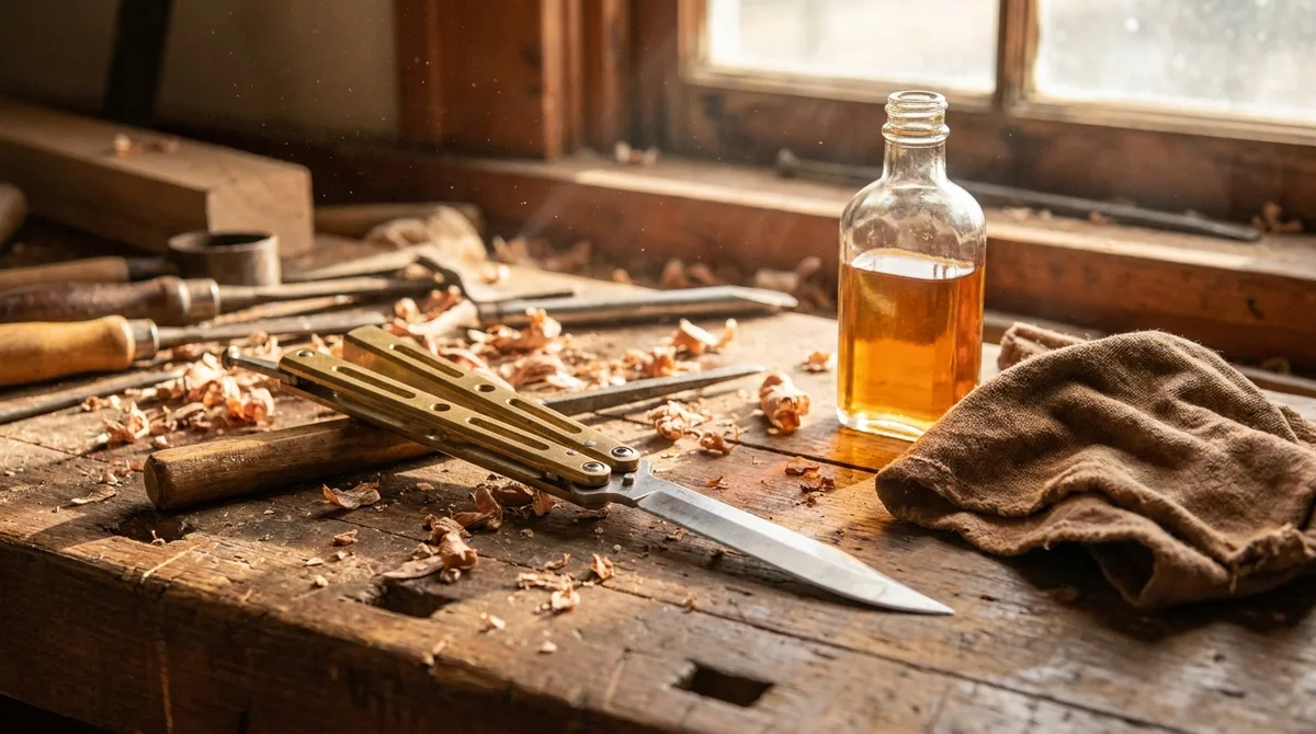 A balisong on a workbench beside a small oil bottle and a folded cloth