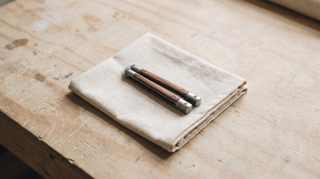 A closed balisong butterfly knife resting on a folded square of unbleached cotton cloth on a pale wooden table