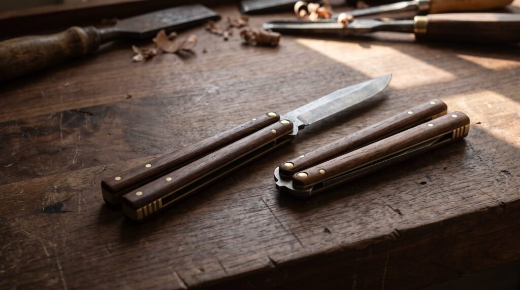 One butterfly knife lying open and flat next to a second balisong lying closed on a dark walnut workbench