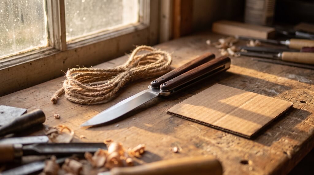 Open handmade balisong butterfly knife on a workbench beside a coil of jute rope and a cut board