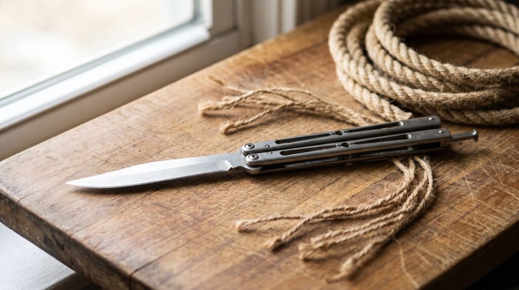 Balisong butterfly knife lying open and flat on a scarred wooden cutting board beside a coil of manila rope
