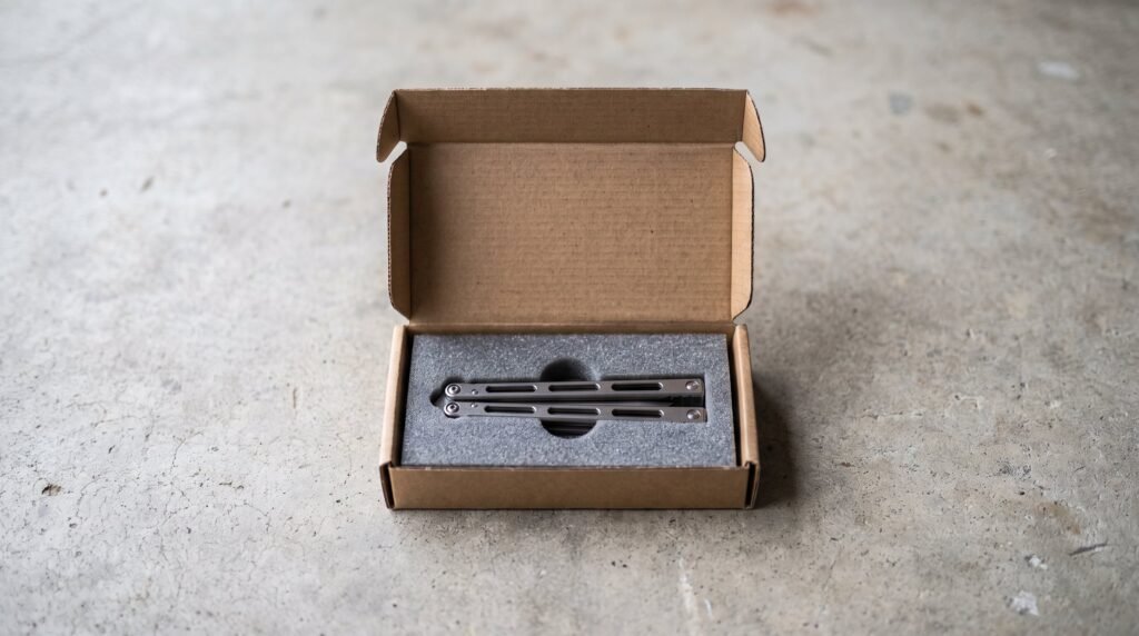 Closed balisong butterfly knife packed in grey foam inside a small plain padded shipping box, seen from directly above