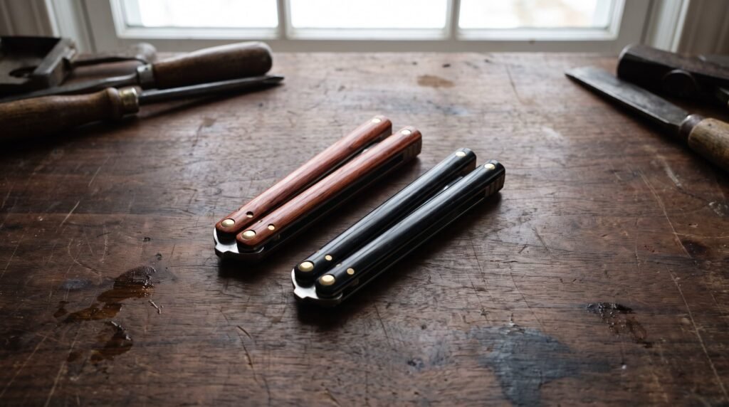 Two closed butterfly knives lying side by side on a dark walnut bench, one with rosewood handles and one with buffalo horn