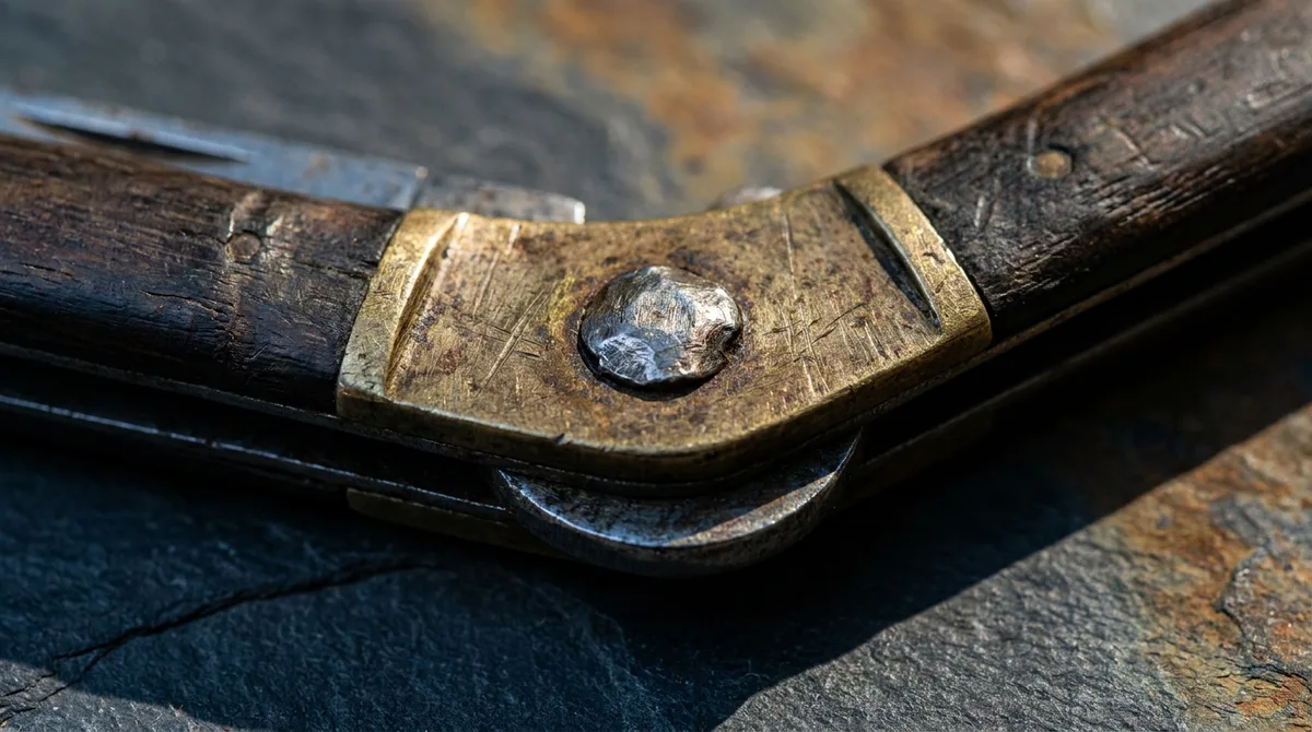 Macro of a peened pin pivot head sitting flush against the brass bolster of a balisong