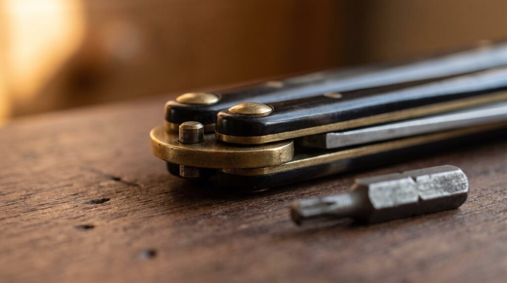 Macro of the brass pivot pin and bolster at the end of a closed balisong on a dark bench, with a small steel hex driver bit lying beside it