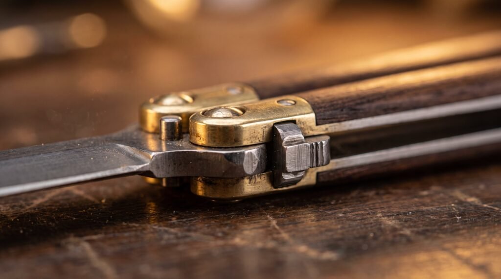 Close up of the brass pivot pins and steel latch on a closed handmade balisong butterfly knife