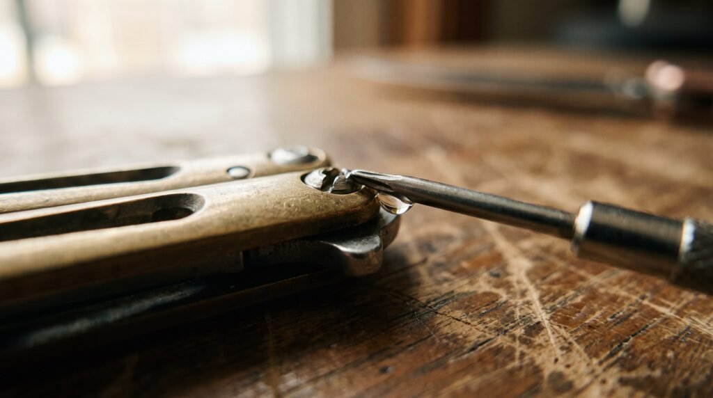 Macro of a brass pivot pin on a butterfly knife handle with a small screwdriver tip and a single bead of oil