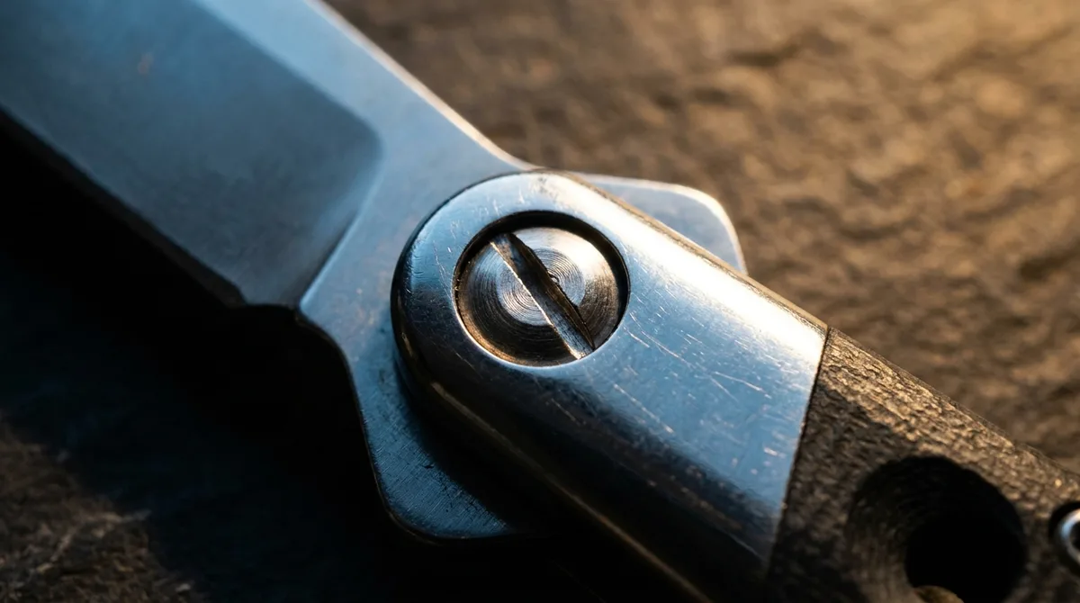 Close-up of a pivot screw seated flush in the bolster of a butterfly knife handle