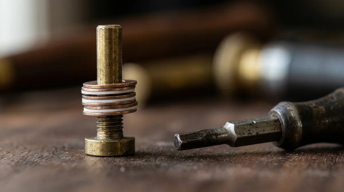 Close-up of a balisong pivot screw with bronze and PTFE washers stacked on its shaft