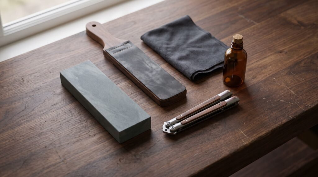 Overhead flat lay of a sharpening kit with a whetstone, leather strop, cloth, oil bottle and a closed butterfly knife