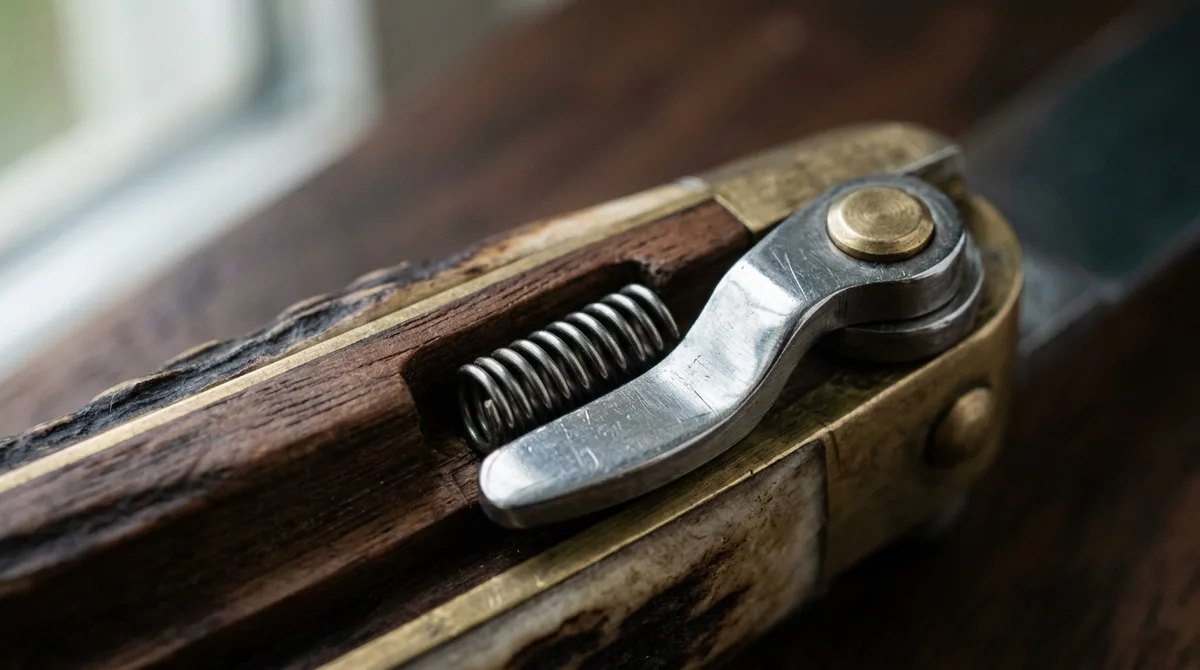 Macro of a spring latch with its coil spring seated in the milled channel of a balisong handle