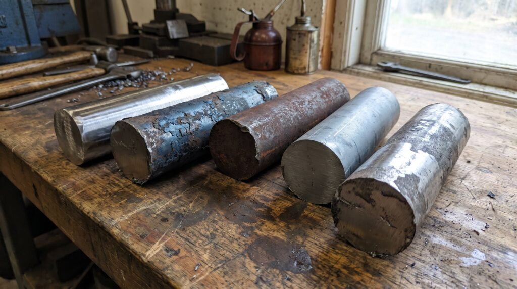 Five lengths of raw knife steel bar stock on a wooden workbench showing polished, mill scale and oxidised surfaces