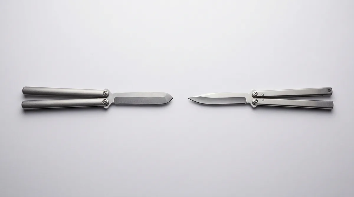 A blunt balisong trainer beside a plain live bladed butterfly knife on grey seamless