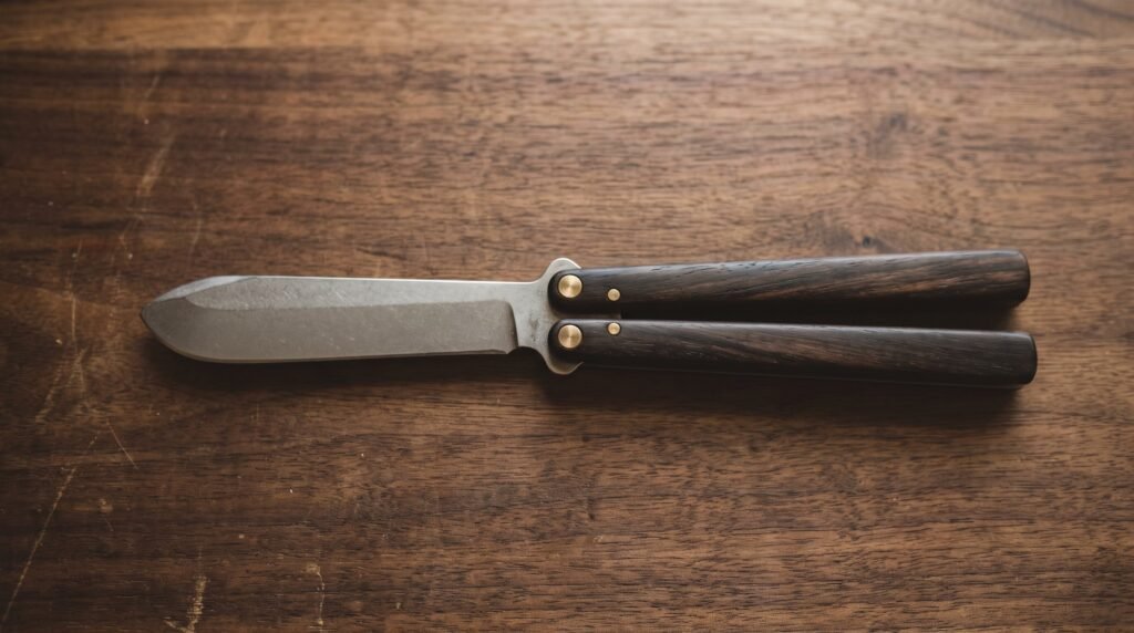 Handmade balisong trainer lying open on a workbench with a thick blunt unsharpened practice edge
