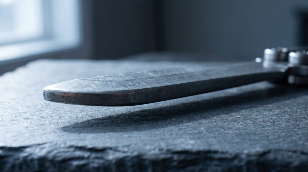 Extreme close up of the blunt rounded tip and unsharpened edge of a balisong trainer blade resting on grey slate