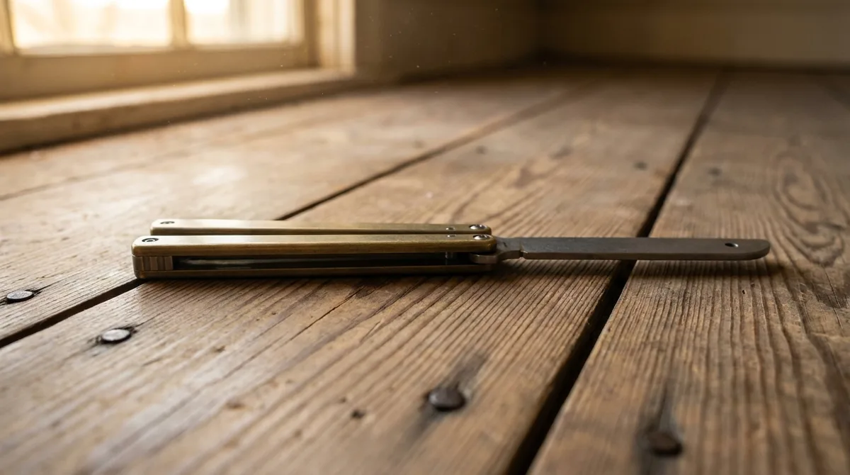 Blunt balisong trainer resting closed on worn wooden floorboards