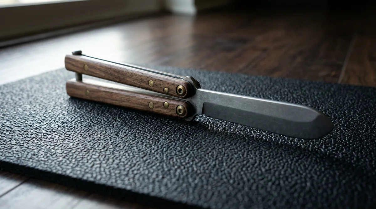 Blunt balisong trainer resting closed on a black rubber practice mat