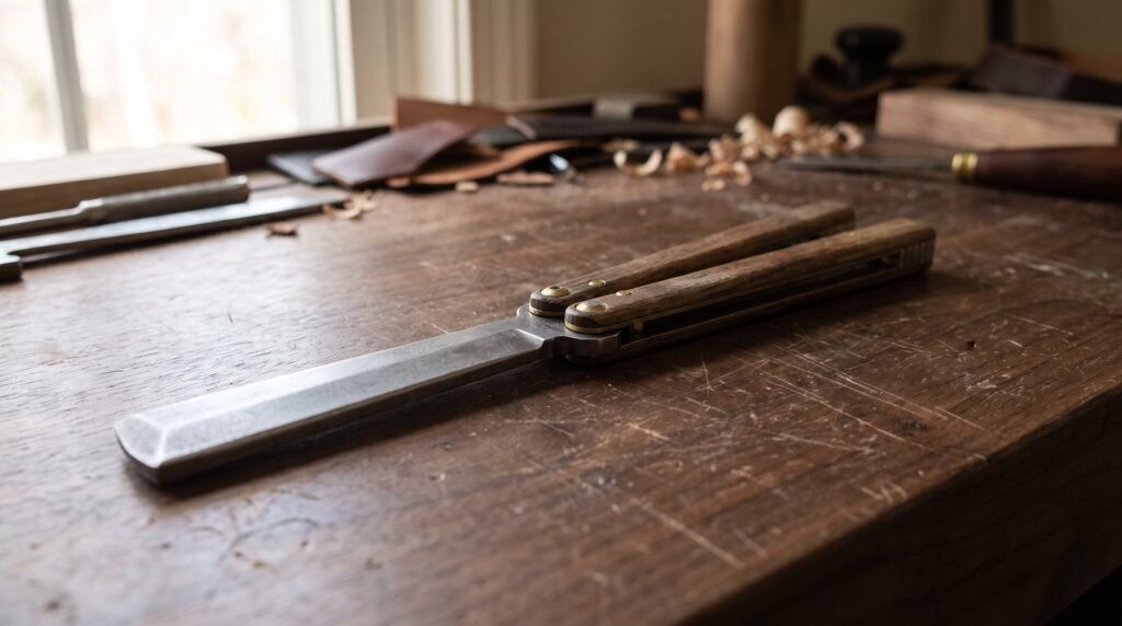 A balisong trainer lying open and flat on a dark walnut workbench showing its thick blunt practice blade