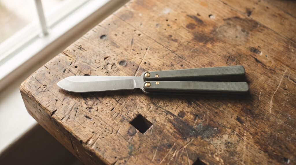 Balisong trainer lying open and flat on a worn wooden bench with a blunt practice blade and green micarta handles