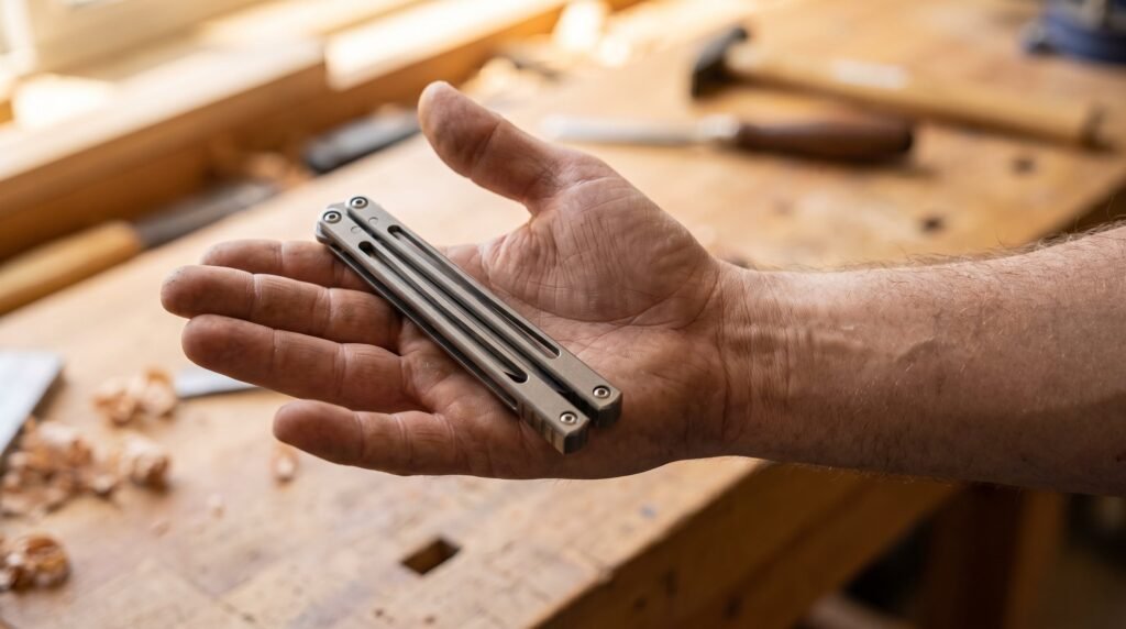 A balisong trainer lying closed across an open palm above a worn wooden workbench