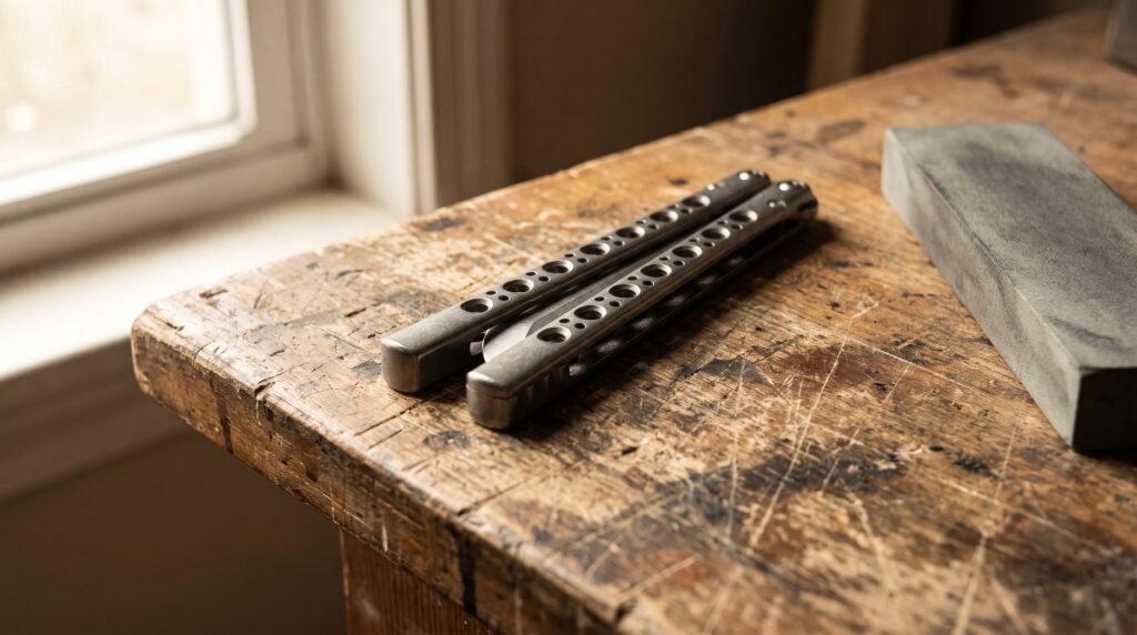 A balisong trainer lying closed on a workbench with a grey whetstone set well away from it at the far edge