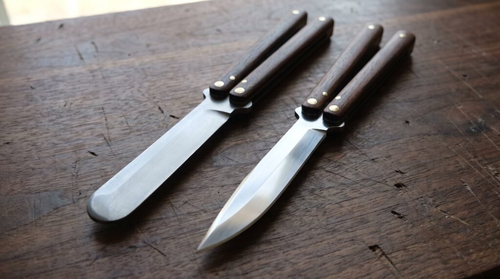 Two handmade balisong butterfly knives lying open side by side, the left with a blunt practice edge and the right with a sharpened edge
