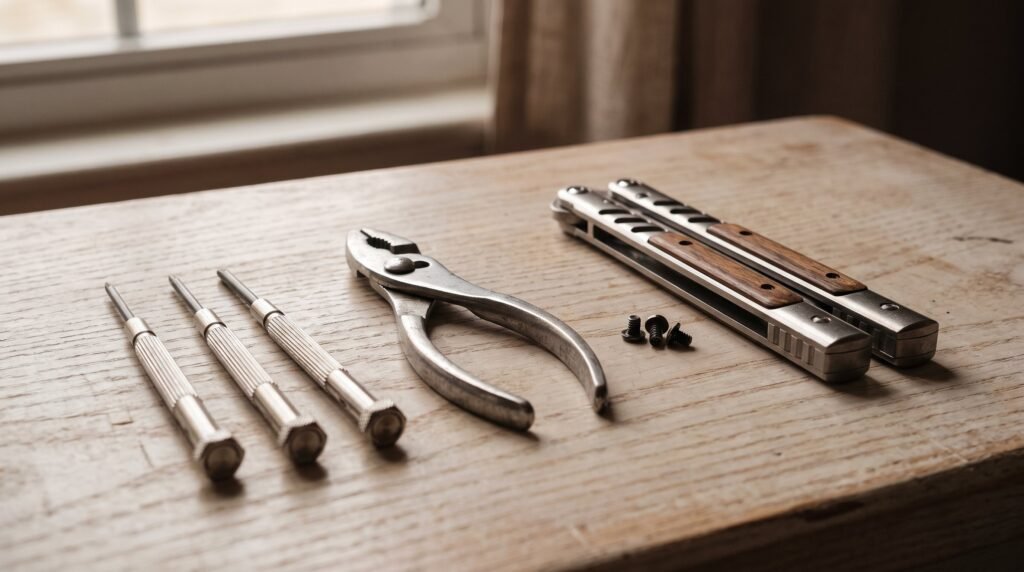 Three small steel drivers, smooth jawed pliers and two spare pivot screws laid out beside a closed balisong butterfly knife