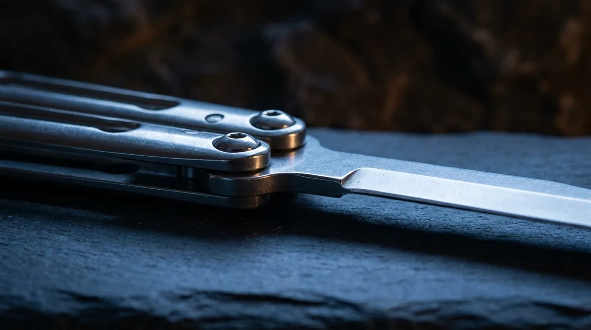 Macro of the twin pivots where both balisong handles meet the blade tang