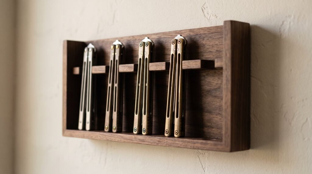 Wall mounted walnut display rack holding four closed balisong butterfly knives standing in individual slots