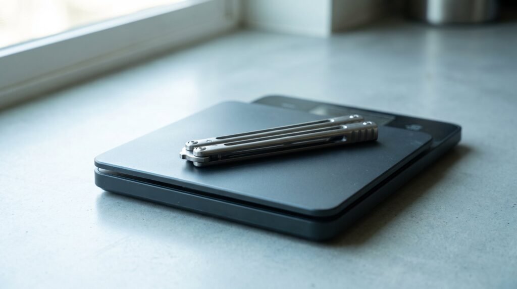 A closed butterfly knife resting on the flat platform of a small kitchen scale on a pale concrete counter