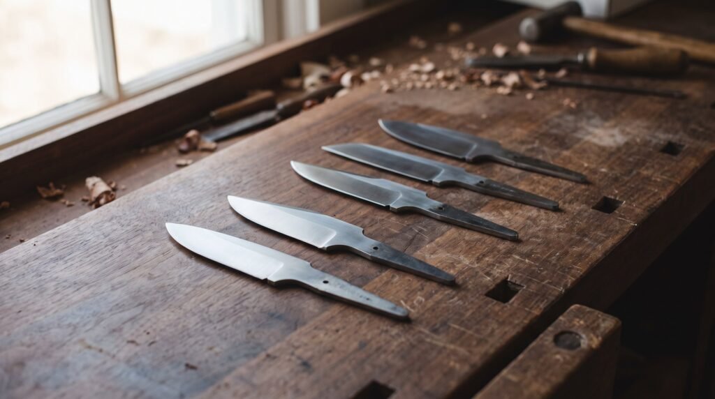 Bare unhandled knife blade blanks with different profiles laid in a row on a dark walnut workbench