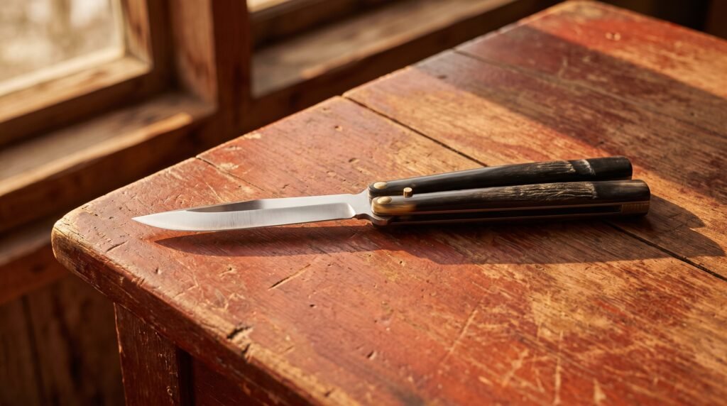 Traditional Batangas balisong butterfly knife lying open on an aged red narra table with black buffalo horn handles and a slim polished blade