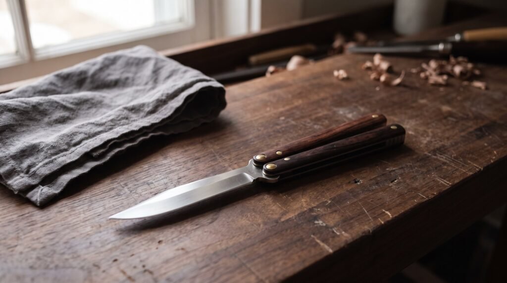 A butterfly knife balisong lying open and flat on a dark walnut workbench beside a folded linen cloth