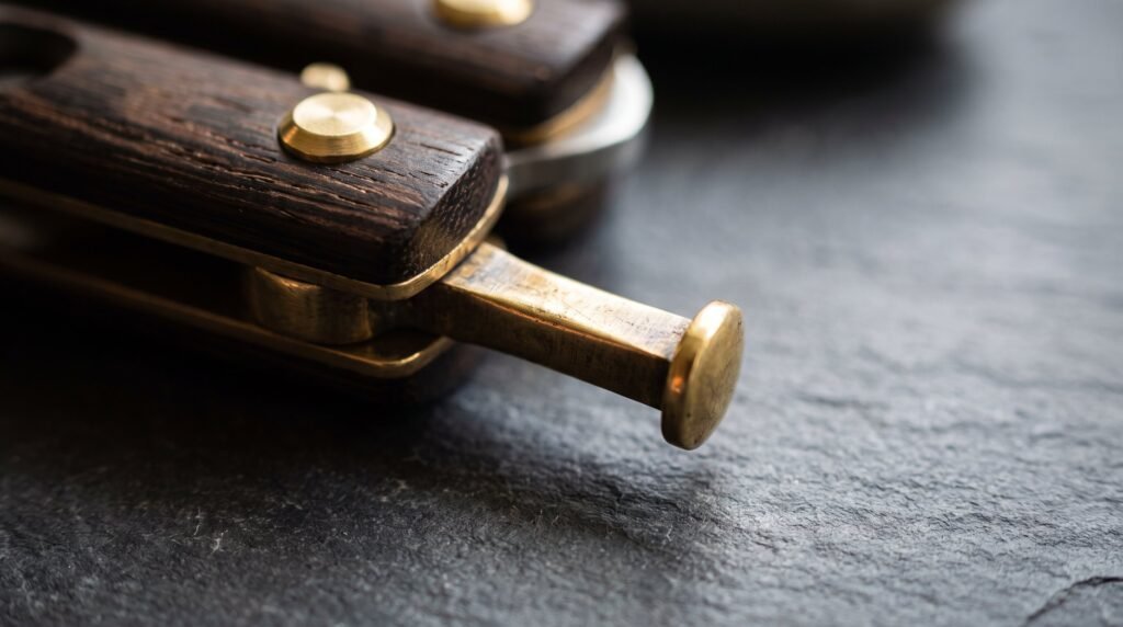 Extreme macro of the brass latch and pivot pin on the dark wenge handle of a closed balisong butterfly knife