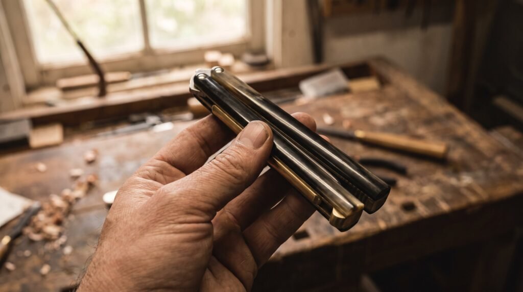 A single hand holding a closed balisong butterfly knife with buffalo horn handles above a wooden workbench