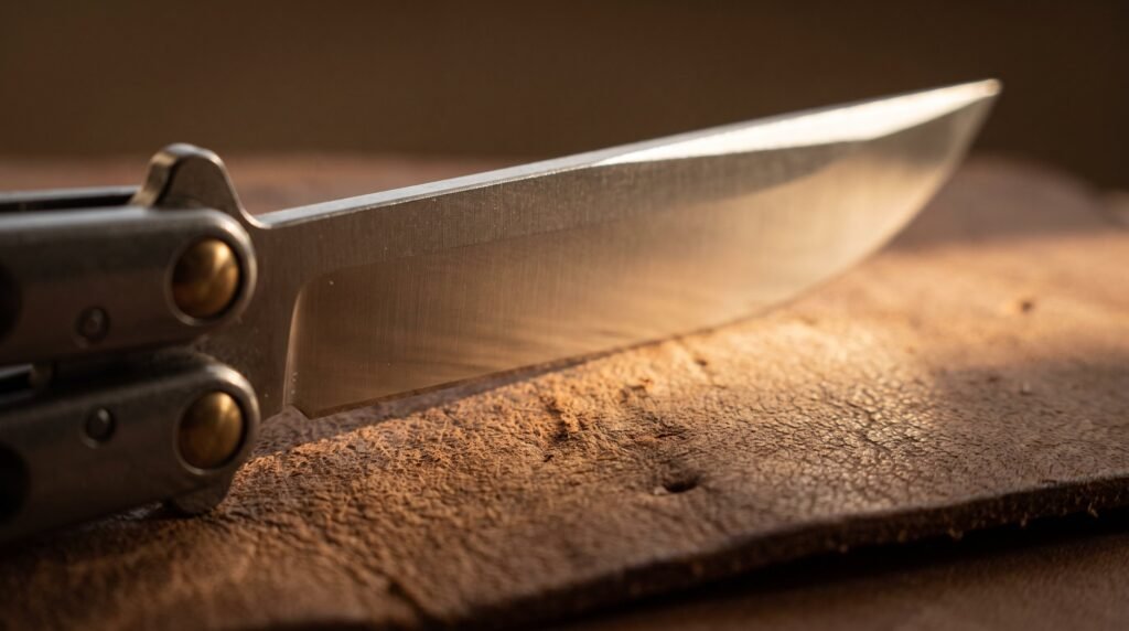 Macro of a balisong blade on leather showing the sharpened edge along one side and the thick blunt spine along the other