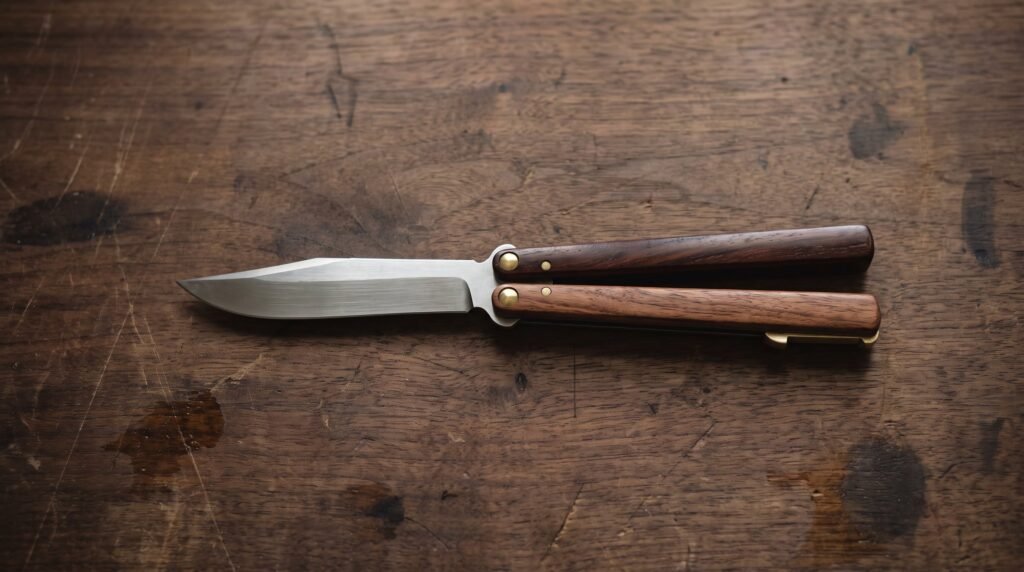 A balisong butterfly knife lying open and flat on a dark walnut workbench with rosewood handles and a single brass latch