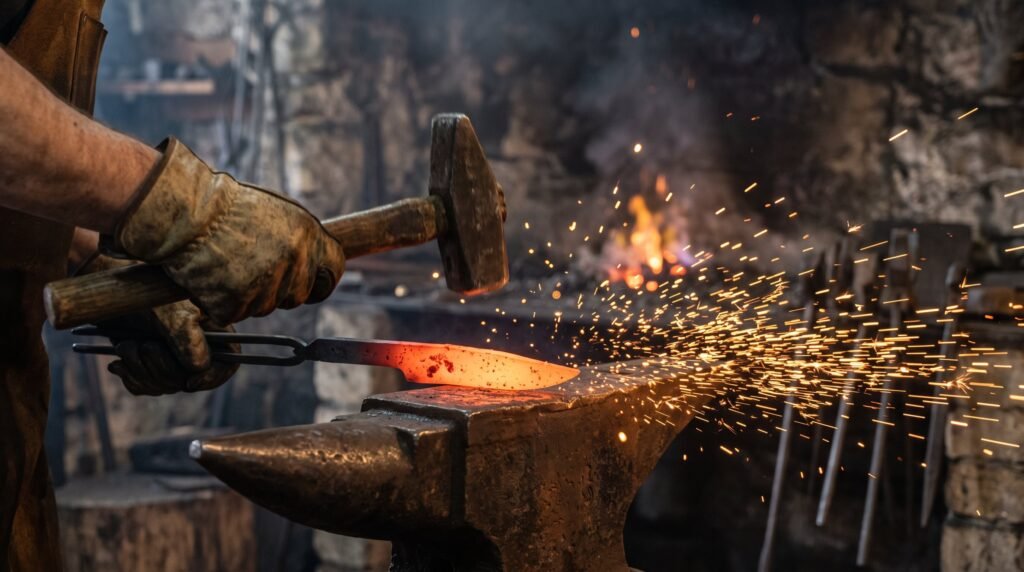 Blacksmith hammering a glowing hot knife blank on an anvil with sparks scattering in a dark workshop