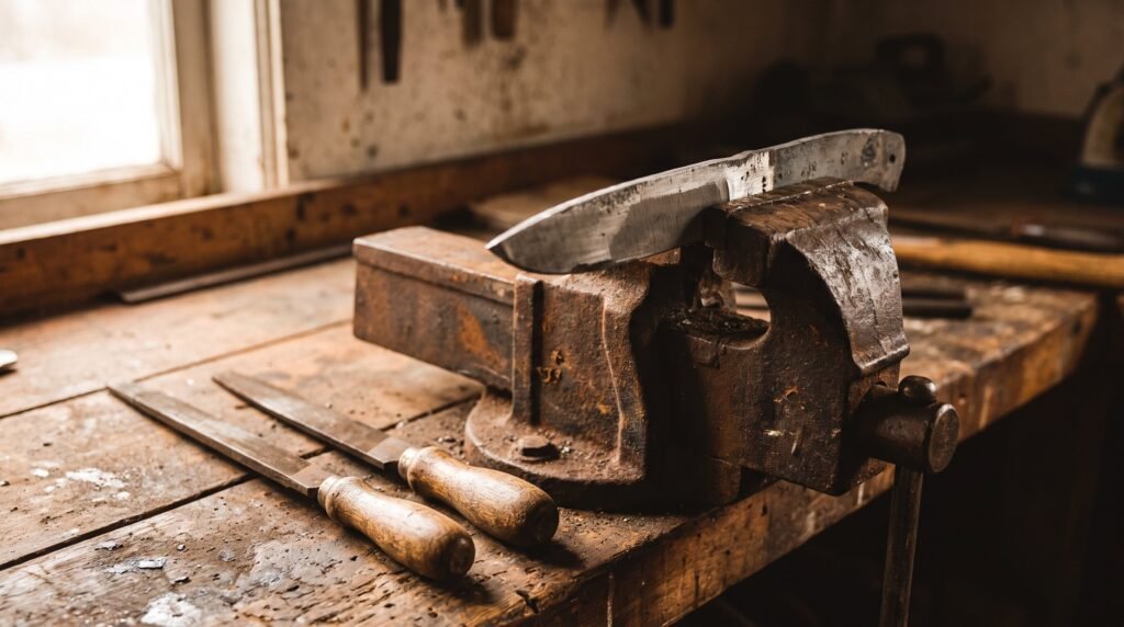 A half finished blade blank clamped in a bench vise with hand files laid beside it on a wooden workbench