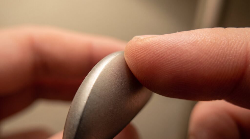 Close up of the thick rounded blunt edge of a balisong trainer blade with a fingertip resting against it