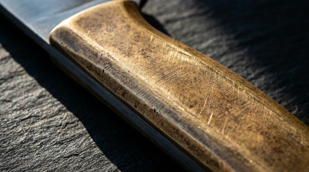 Macro of a raw brass balisong handle with a warm mottled patina and rubbed bright high spots