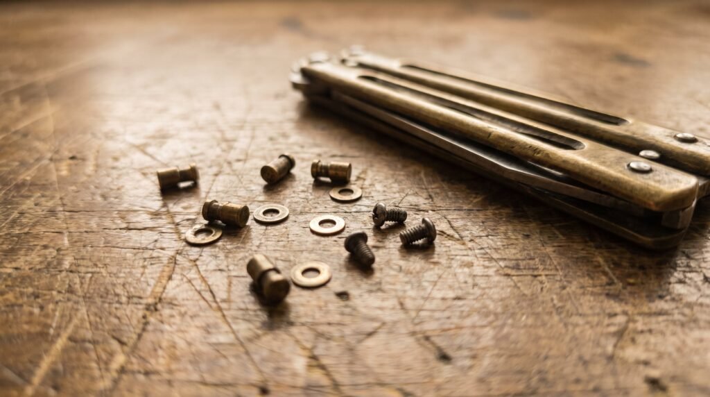 Macro of brass pivot pins, washers and small screws on a workbench beside the handle end of a closed balisong