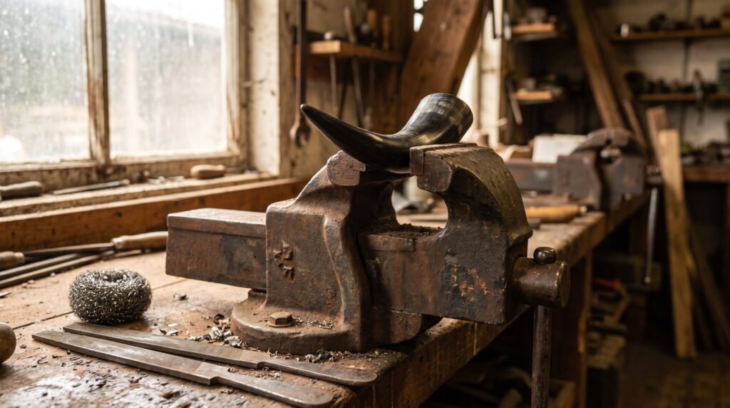 Worn iron bench vise gripping a partly shaped buffalo horn knife handle blank with hand files and steel wool on the bench
