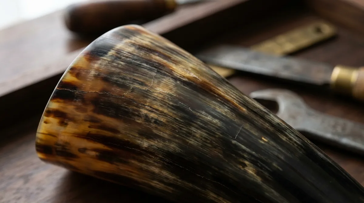 Macro of polished dark buffalo horn showing its translucent amber and black grain layers
